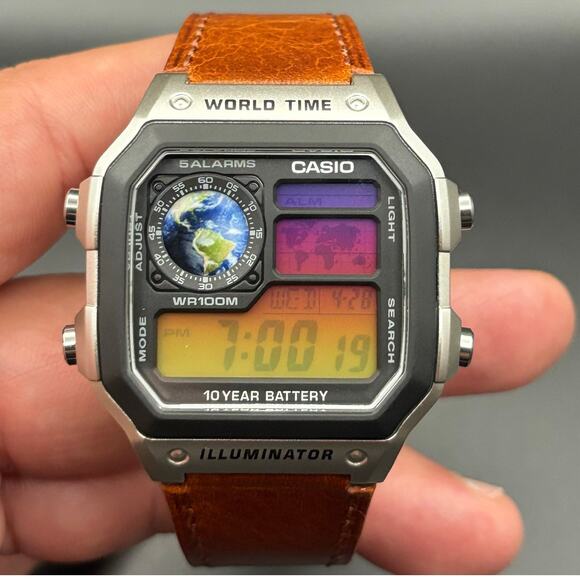 Casio AE1200WH Custom Sunset Filter Globe Leather Strap World Time - Picture 6 of 17